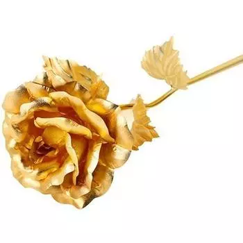 Золотая роза с золотым листом в черной подарочной коробке золотистый