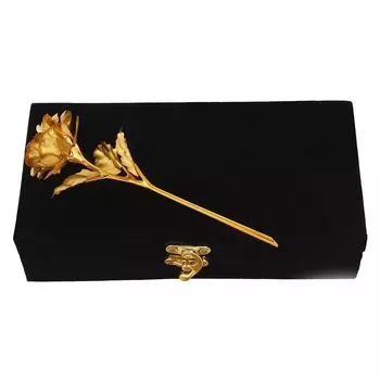 Золотая роза с золотым листом в черной подарочной коробке