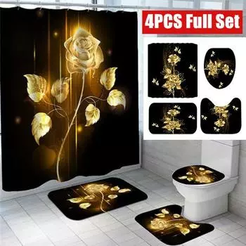 Золотая роза, водонепроницаемая занавеска для душа, комплект унитаза, коврик, нескользящие коврики для ванной, аксессуары для ванной комнаты 4PCS Full Set