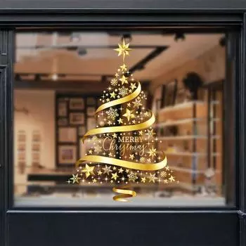 Золотая Рождественская елка Наклейки на окна Креативные обои Атмосфера Декор Рождественские наклейки Вечеринка 45*60CM