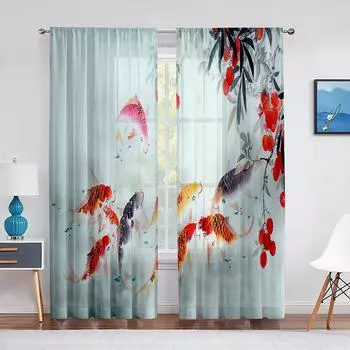 Золотая рыбка кои рыба тушь листья тюль занавески для гостиной спальня декор шифон прозрачная вуаль кухонное окно занавеска 1 PCS W100XH250cm&Rod Pocket