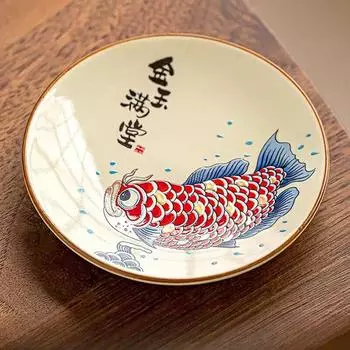 Золотая рыбка, полная травы и золы, подставка для чайной чашки, керамическая, бытовая, в ретро национальном стиле, соусница, чайный набор для кунг-фу, чайная церемония, нулевое сочетание Golden and jade full hall - 1 coaster