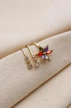 Золотая серьга-кафф из хряща с 3 полосками в виде цветка(VIP)