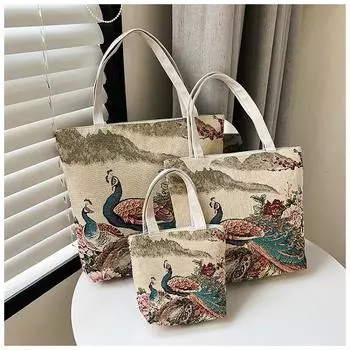 Золотая шелковая жаккардовая вышитая холщовая сумка, сумка большой вместимости, простая литературная сумка через плечо, сумка-тоут small