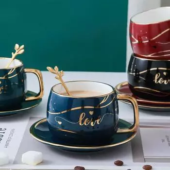 Золотая трассировка Кофейная чашка в скандинавском стиле Блюдо из двух предметов Простая кружка Чашка для воды Кофейная чашка Чашка с молоком Чашка для завтрака Послеобеденный чай Цветочный чай зелёный