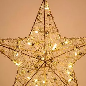 Золотая железная звезда, верхушка для рождественской елки со светодиодной подсветкой, жемчужная проволока, рождественские елочные украшения 2024 года, украшение для дома на Новый год 2025 года золотой