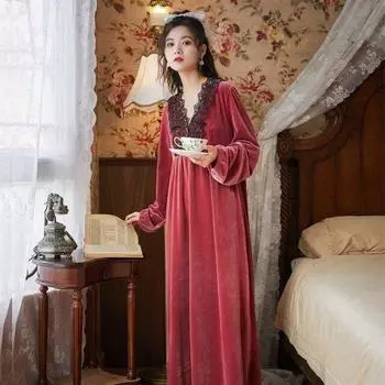 Золотая женская ночная рубашка с длинным рукавом, ночная рубашка с V-образным вырезом, свободная домашняя одежда в стиле ретро M красный