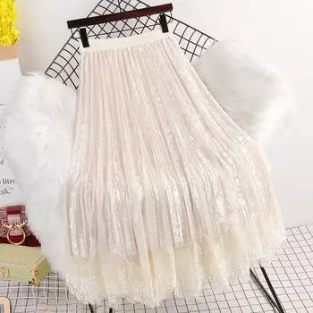 Золотистая бархатная юбка женская весна и осень новая средняя и длинная плиссированная юбка с высокой талией кружевная сетчатая юбка черного цвета S recommends 70-47.5 kg чёрный