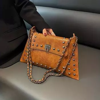 Золотистая кожаная текстура Одноплечная повседневная женская ручная сумка - Винтажные заклепки Подмышечная на плечо коричневый