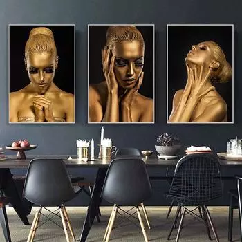 Золотисто-черная картина для девочек, обнаженная женщина, Canavs, живопись, постеры и принты, Cuadros для гостиной, дома, декоративное настенное искусство 21cm30cm NoFrame