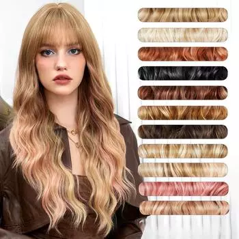 Золотисто-коричневые пряди розового цвета с комической воздушной челкой, волнистые длинные волосы, темперамент, пушистый ленивый парик, полная форма головы 1#