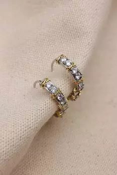 Золотисто-серебряные серьги-кольца из стали с камнями