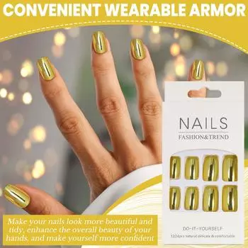 Золотистое зеркало, носите сетку для ногтей, красная, те же самые накладные ногти, готовые, европейский квадратный сплошной цвет One Size золотой