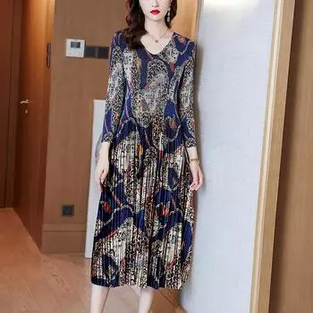 Золотистые бархатные плиссированные женские платья с винтажным принтом для мамы, пуловер с резьбой, платье стандартной посадки M