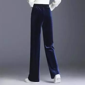 Золотистые бархатные широкие брюки осенние с высокой талией, свободные повседневные брюки синего цвета, прямые женские плюшевые брюки XS