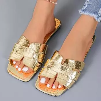 Золотистые открытые туфли на плоской подошве с каблуком, кожаные сандалии, тапочки для ванной, пляжная обувь, удобные сандалии без застежек для женщин 37