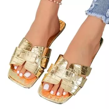 Золотистые открытые туфли на плоской подошве с каблуком, кожаные сандалии, тапочки для ванной, пляжная обувь, удобные сандалии без застежек для женщин 36 золотой