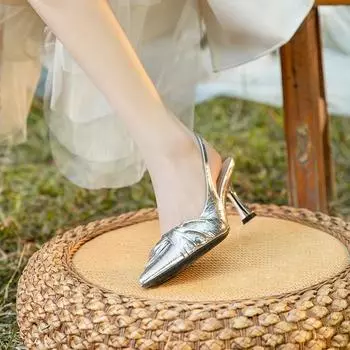 Золотистые плиссированные сексуальные женские босоножки с острым носком на высоком каблуке, модные банкетные босоножки на высоком каблуке, женская обувь на высоком каблуке 35 серебряный