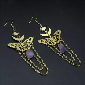 Золотистые серьги-подвески в виде солнца, луны и бабочек с искусственным фиолетовым кристаллом, винтажные серьги-подвески с короткими цепочками для повседневного декора