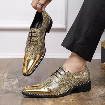 Золотистые туфли дерби из искусственной кожи, разноцветные, на низком каблуке, с ремешком, заостренные, многофункциональные, для ночного клуба, парикмахера, банкета, мужские туфли, большие размеры 38-48 38 золотой