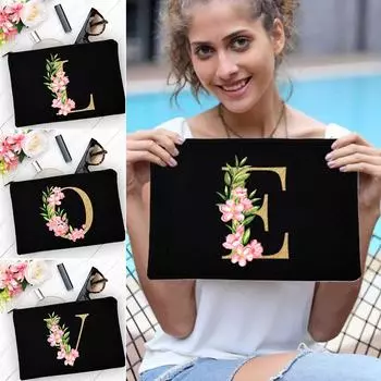 Золотистый алфавитный принт, женская косметичка, розовые цветы, холщовая косметичка, женская повседневная косметичка, органайзер для губной помады