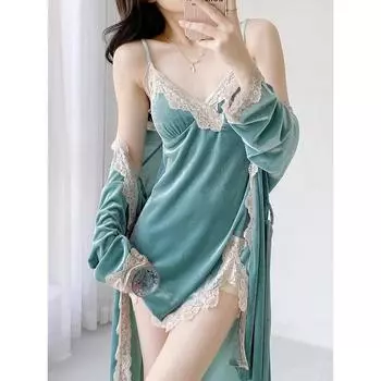 Золотистый бархат пижамы женские осень и зима новый сексуальный ремень юбка для сна длинный рукав спальный халат комплект M чёрный