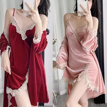 Золотистый бархат пижамы женские осень зима новый сексуальный ремень юбка для сна длинный рукав спальный халат комплект M чёрный