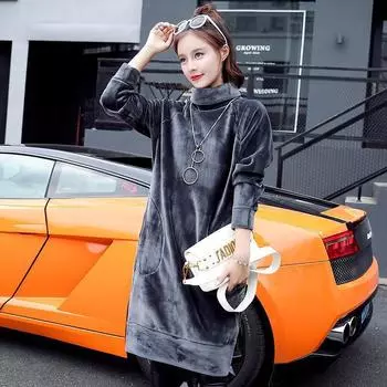 Золотистый бархатный свитер, женская новая утолщенная юбка средней и длинной длины, зимняя корейская версия, двухсторонняя бархатная юбка большого размера с высоким воротом L (115-65kg)