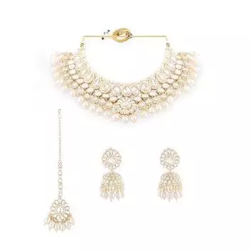 Золотистый тон Kundan искусственные камни и бусины свадебное ожерелье серьги и Maangtikka комплект для женщин