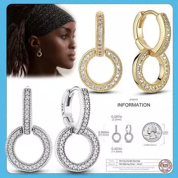 Золото Цвет 925 Серебро Сверкающие Двойные Серьги-Обручи Обруч Для Женщин Циркон Круглые Серьги Изготовление Ювелирных Изделий Подарок