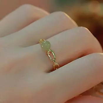 Золото-зеленое женское кольцо на палец с нефритовыми бусинами, кольцо в китайском стиле, кольцо из нефрита Хэтянь, женское открытое кольцо