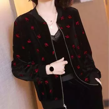 Золотое бархатное пальто для отдыха, весенне-осенняя женская новая одежда, корейская свободная бейсбольная куртка с длинными рукавами и принтом, топ M-5XL 3XL красный