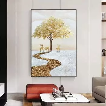 Золотое дерево с маленьким оленем, современное дерево, приносящее богатство, пейзаж, картина маслом на холсте, большая настенная живопись, украшение для дома, прихожей 21x30cm No Framed
