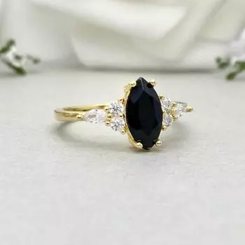 Золотое обручальное кольцо Marquise Black Onyx Art Deco, обручальное кольцо Marquise And Round Imulated Diamond, обручальное кольцо из стерлингового серебра M чёрный