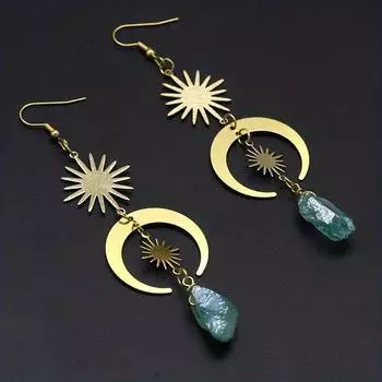 Золотое Солнце и Луна, искусственные кристаллы, висячие серьги, милый стиль, ювелирные изделия из сплава, нежный женский подарок золотой