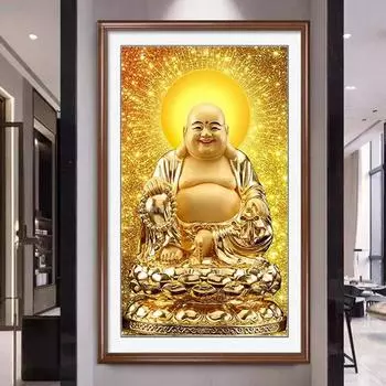 Золотое тело Будды Майтрейи 5d Алмазная картина Гостиная Новая китайская мозаика Искусство Полное бриллиантовой улыбки Открытое пятно Стик Алмазная вышивка крестом 100-50CM белый