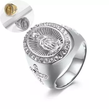 Золотое винтажное мужское кольцо, модное кольцо с крестом Девы Марии и бриллиантами, кольцо из нержавеющей стали для мужского ювелирного подарка 8# золотой