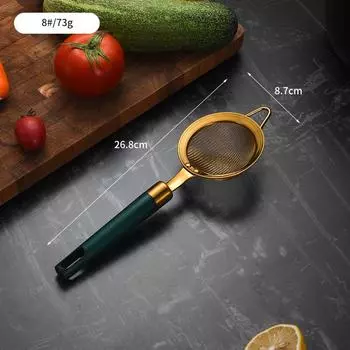 Золотой 304 Нержавеющая сталь Кухонный дуршлаг Зеленая ручка Сито для сока и муки Скиммер Фильтр Ложка Длинная ручка Дуршлаг