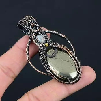 Золотой апачский пирит и лунный камень, драгоценный камень, медная проволока ручной работы, подвеска для ювелирных изделий для любви 3.15 Inches золотистый