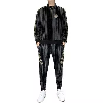 Золотой бархатный костюм, мужской утепленный свитер, брюки, мужская повседневная спортивная одежда, костюм из двух предметов M