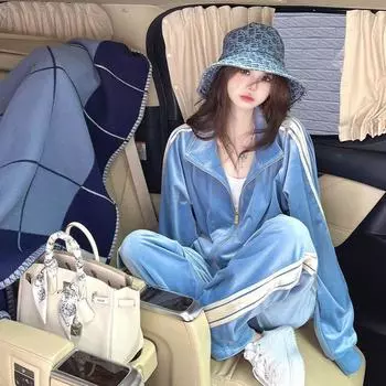 Золотой бархатный спортивный костюм, женское весенне-осеннее платье, повседневный свитер в стиле ретро, пальто на молнии, широкие брюки, комплект из двух предметов S синий