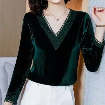 Золотой бархатный топ с v-образным вырезом, новая осенне-зимняя футболка, модная однотонная рубашка с длинными рукавами, M-4XL XXXL зелёный