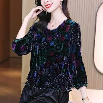 Золотой бархатный топ, женская осенне-зимняя новая женская футболка с принтом в стиле ретро, рубашка с круглым воротником и длинными рукавами, S-4XL XXL зелёный