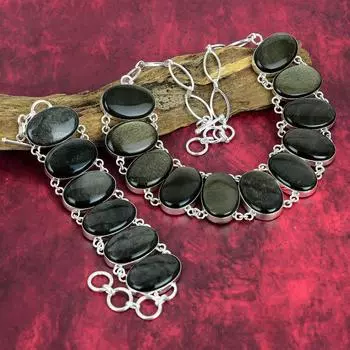 Золотой блеск обсидиана из стерлингового серебра 925 пробы, браслет и ожерелье, комплект ювелирных изделий, удивительные ювелирные изделия из драгоценных камней, новый комплект украшений ручной работы для нее Adjustable With 8 -18 золотистый