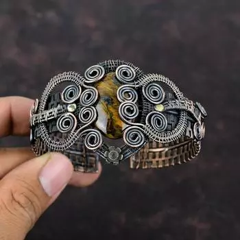 Золотой браслет-манжета из питерзита, медная проволока, браслет, ювелирные изделия из драгоценных камней, регулируемый браслет, медная проволока ручной работы, ювелирное изделие, подарок для нее