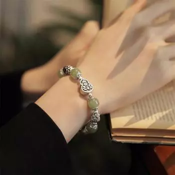 Золотой цвет браслет из нефрита Хотан для женщин и девочек, тыква-лотос, этнические винтажные ювелирные изделия, подарок