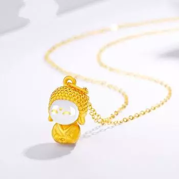 Золотой цвет Майтрейя, маленький милый Будда Хотан, нефритовый кулон 999, полная золотая цепочка с воротником, женская милая 40CM золотой