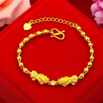Золотой цвет Pixiu Браслет для пары Двойные Pixiu Транспортные бусины Мужской и женский браслет-браслет one size16-22CM