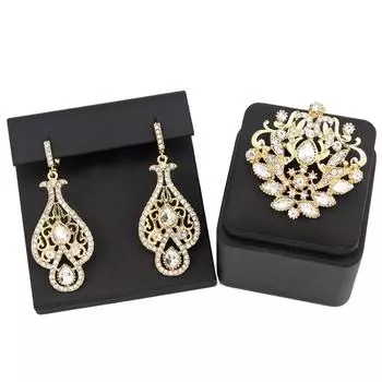 Золотой Цвет Шикарный Кристалл Женская Брошь Серьги Наборы Ювелирных Изделий Невесты Кафтан Брошь Полые Серьги Подарок красный