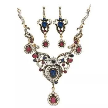 Золотой цвет, винтажные женские свадебные комплекты ювелирных украшений в стиле бохо, браслет, серьги, ожерелье, банкетное украшение в стиле ретро красный